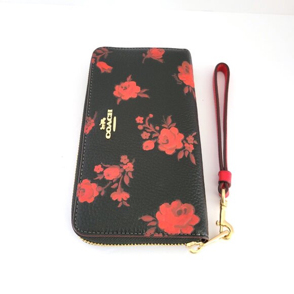 Coach CCL36 Long Zip Around Wallet Floral Print Pebbled Leather Black Red - Picture 5 of 7